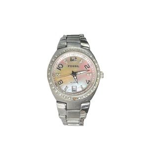 Fossil Watch women mother of pearl date dial crystal pave stainless steel